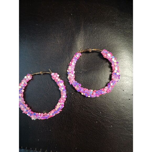 Candy Pink Sequin Hoop Earrings Hoops - Picture 9 of 9